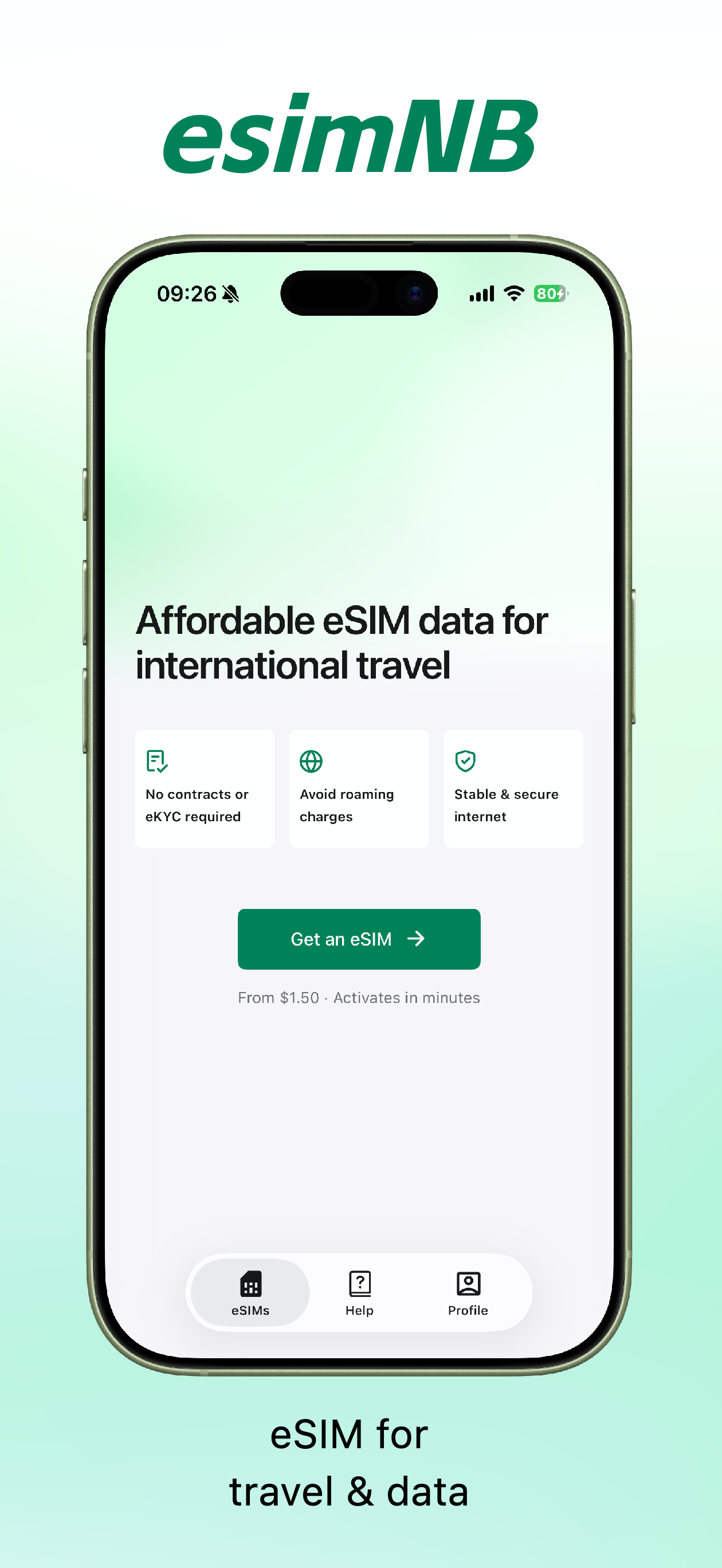 esimNB iOS app home screen with travel eSIM entry point