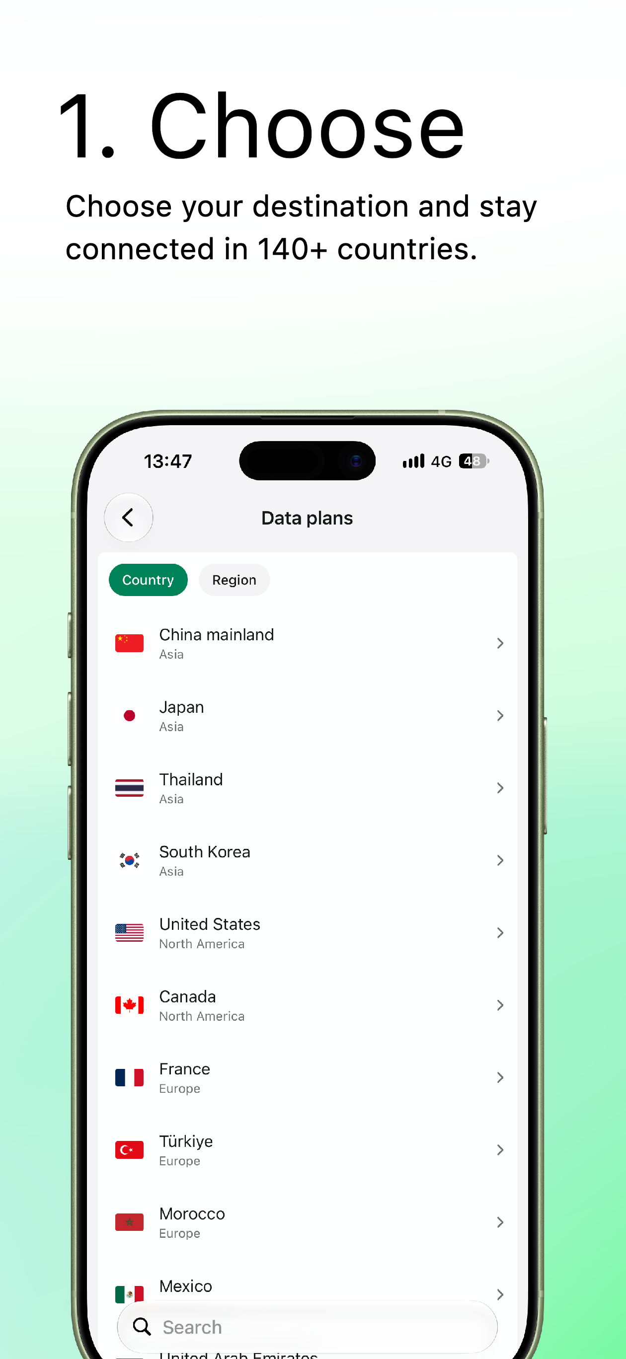 Choosing a country or regional plan in the esimNB app
