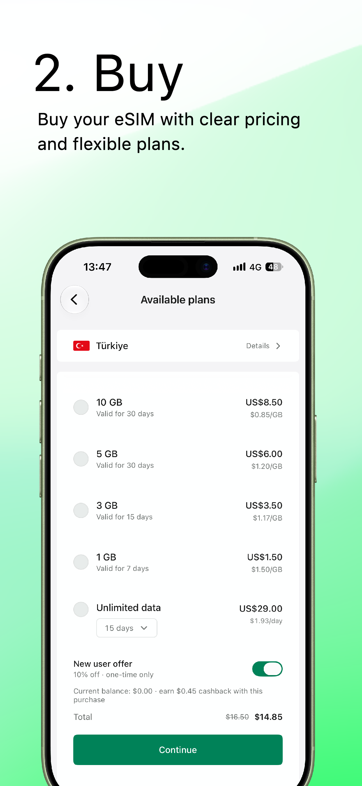 Buy a pay as you go eSIM plan in esimNB app