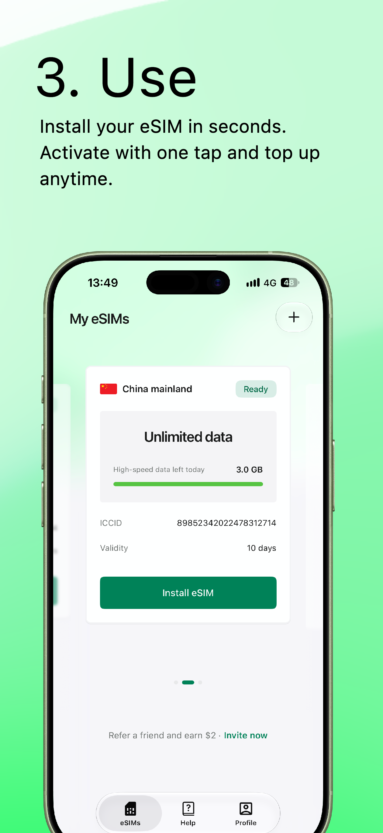 Installing and managing a travel eSIM in the esimNB app