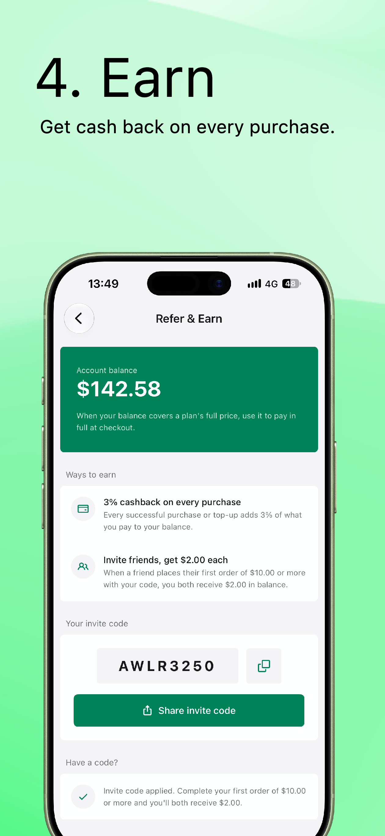 Cash back and friend referrals in the esimNB app